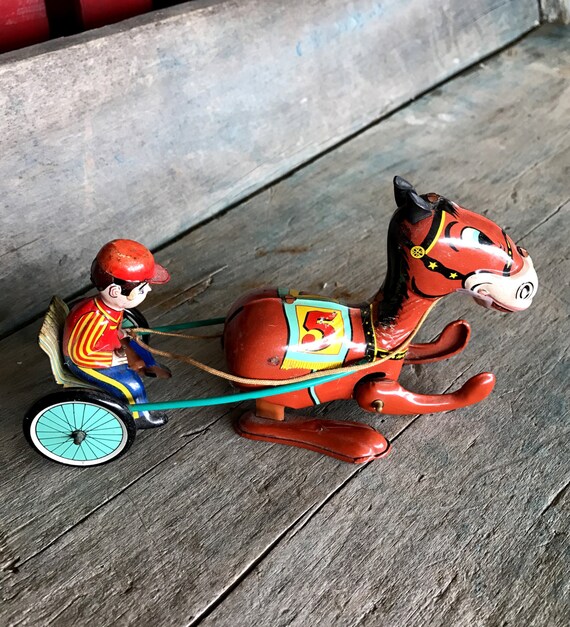 Tin Litho Horse and Sulky Wind Up Toy 1950s Japan Tin Toy