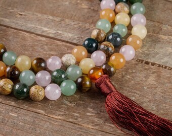 Semi Precious Stone Mala Necklace & Mala Tassel - 8mm Beads 108 Mala Beads, Mala Prayer Bead, Prayer Necklace, Prayer Bracelet E0669