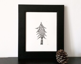 Modern Christmas Tree Linocut in Black 8x10 Printmaking