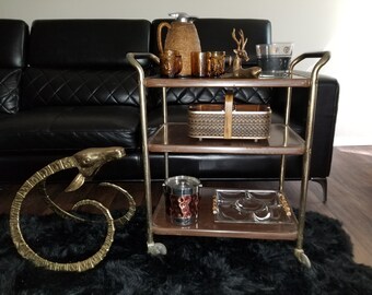 Vintage Brown and Gold Enamel Cart, Bar Cart, Hollywood Regency 3 Tier Cart, Mid Century Rolling Cart, Cosco Cart