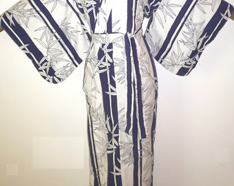 Fabulous Quality Vintage, Used, Cotton, Dark Blue & White, Oriental Kimono style, Yukata style, Dressing gown, Robe, Stripes + Bamboo Leaves