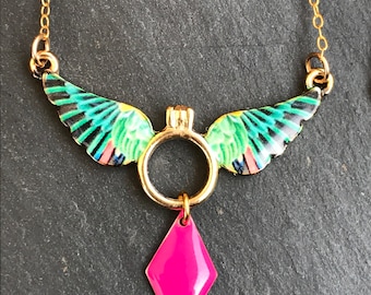 Pink colorful Hummingbird gold bib necklace