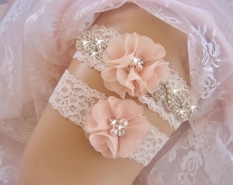 Vintage Bridal Garter, Wedding Garter Set, Lace Garter, Toss Garter included Ivory with Rhinestones and Pearls Custom Wedding colors