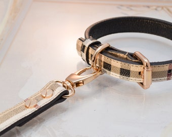 Berry Leather Dog Collar and Leash Set vurberry Plaid Designer For All Dogs
