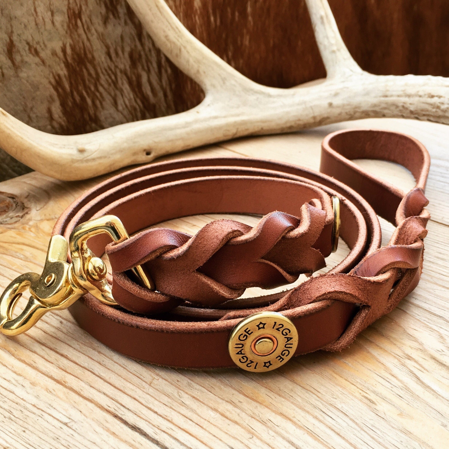 Leather pet leash braided with shotgun shell conchos dog