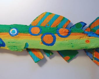 Whimsical Funky Fish Art - Colorful Painted Recycled Wood 12 Inch long Ready to Hang Door and Wall Decor