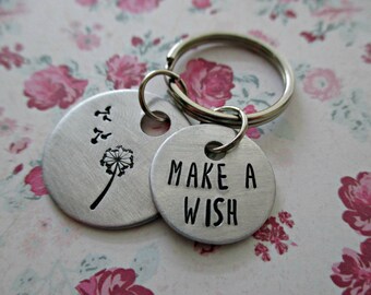 make a wish - hand stamped dandelion and fluff inspirational keychain