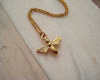 Small gold bee necklace, bumble bee pendant necklace, dainty gold necklace, gold vermeil necklace, gold fill necklace, christmas gift