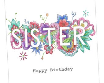 Sister Birthday Embellished Card taken from an Original Watercolour