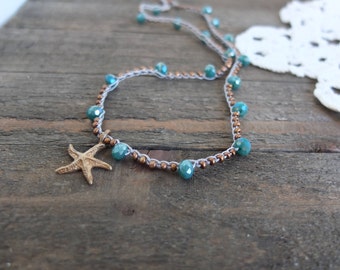 Bronze starfish necklace, knotted blue beaded starfish necklace, beach boho starfish necklace, bronze necklace, crochet bronze seed necklace
