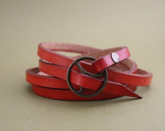 Leather Wrap Bracelet in Red leather with brass buckle as seen in Country Living Magazine