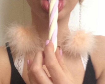 PEACH fluffy pompom dangle drop fashion earrings with silver plated chain