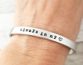 Always in my heart cuff bracelet, pet loss gift, memorial, personalized gift for her, bracelet with dog or cat names, sympathy jewelry