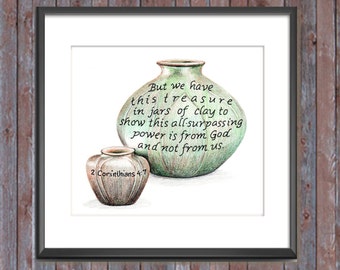 Jars of Clay, Bible Verse art print, scripture design, hand lettered typography, wall art decor, treasure
