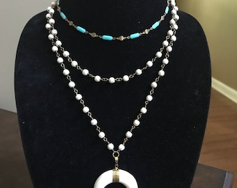 Turquoise Choker , Mid Length Marble Bead , Marble bead with Crescent Set