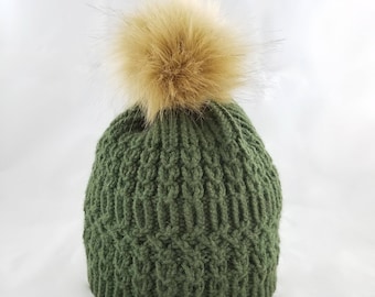 Cable knit beanie with removable pom pom