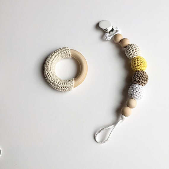 NomiLu Butterscotch Paci Clip -- Crocheted Beads Pacifier Clip -- Eco-friendly pacifier clip -- crocheted wooden beads -- Baby Teether