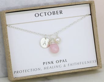 October birthstone necklace, pink opal necklace personalised, initial necklace for October birthday - Ella