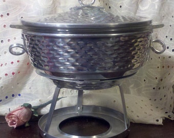 Fire-King aluminum Candle Warmer server, 50's vintage 3 pc set holds a 1 1/2 qt round casserole dish