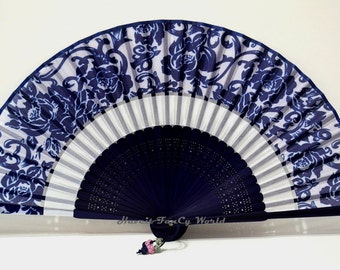 Silk Cloth Blue Hand Fan black colored bamboo art work pattern bamboos Hand Fan Folding Fan , Kimono Sensu, wedding fan