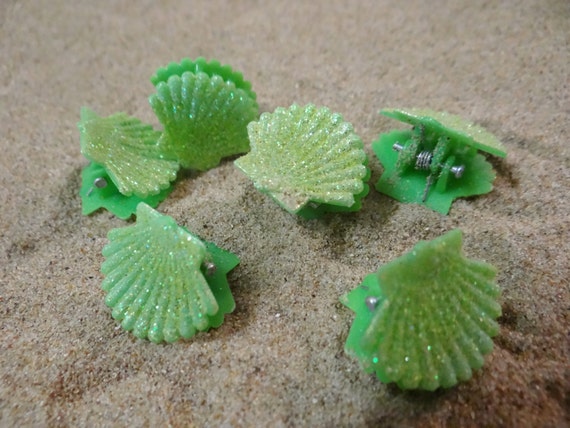 6 pc Green Glitter Little Shell Seashell Clam Clamshell Hairclip Hair Clip Accessory Claw Mermaid Siren Festival Accessories Butterfly Clips