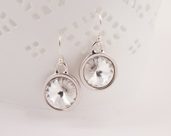 April Birthstone, Clear Crystal Silver Earrings,Choice of Birthstone