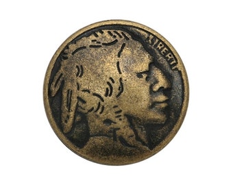 6 Indian Head 5/8 inch ( 15 mm ) Metal Buttons Antique Brass Color