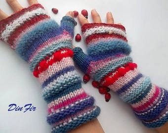 Women Size M 20% OFF Ready To Ship OOAK Bohemian Boho Fingerless Gloves Mittens Striped Warm Wrist Warmers Hand Knitted Winter Arm Wool 1105