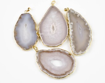 AA-QUALITY Extra-polished Agate Slices Wrapped in Gold- Natural Gray Cream Color- Hand Selected!