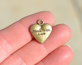 5 Antique Bronze Made With Love Heart Charms BC2106