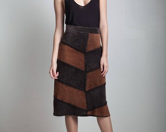 patchwork leather skirt brown suede knee length a-line vintage 70s MEDIUM M