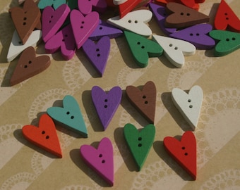 Wood Heart Buttons - Painted Colorful Wooden Heart Button - Bulk Sewing Crafting Buttons - 1" Tall