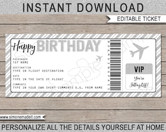 Birthday Gift Airplane Ticket - Printable Boarding Pass - Voucher - Surprise Trip - Silver Glitter - INSTANT DOWNLOAD with EDITABLE text