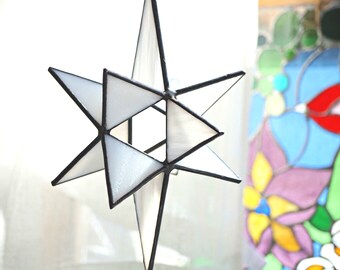 Large stained glass Moravian star, stained glass star, glass suncatcher, stained glass star, 3-D glass star, white Moravian star