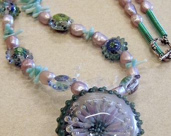 Bungo Wisteria Anemone With Mini-Milli Anemone Lentil Beads by Lori & Kim Pearl and Coral Necklace