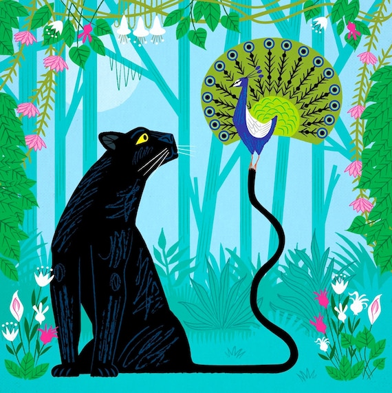 The Peacock and The Panther - nature wildlife - poster print - childrens - animal friendship - art prints by Oliver Lake - iOTA iLLUSTRATiON
