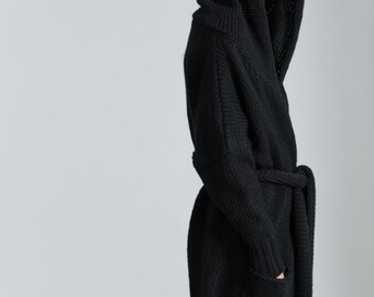 Hoodie Cardigan / Knit Hoodie / Oversize Cardigan / Hooded Coat / Oversize Belted Hoodies / Marcellamoda - MC0185