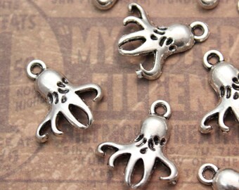 10 Octopus Charms Octopus Pendants Antiqued Silver Tone 15 x 15 mm