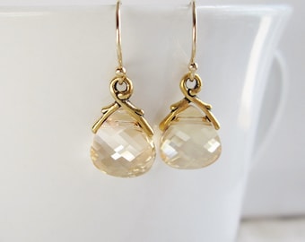 Gold earrings, Swarovski Crystal earrings, gold branch setting, champagne bridesmaid earrings, gold filled ear wires