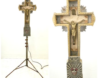 1920s Neon Crucifix Cross on Stand...Funeral Home Light Up Display...WORKS!...Yellow & Blue Neon Tube Lighting...Light Up Religious Figure