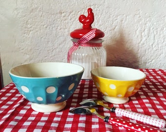 Yellow polka dot 20/30 cafe au lait bowls. French manufacturing Sarreguemines. french vintage.