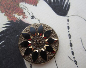Vintage Czech 30mm Black And Gold Geometric Petals Cab 1Pc.