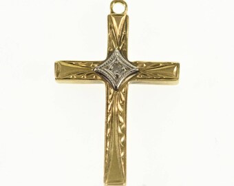 14k Art Deco Ornate Patterned Diamond Inset Cross Pendant Gold
