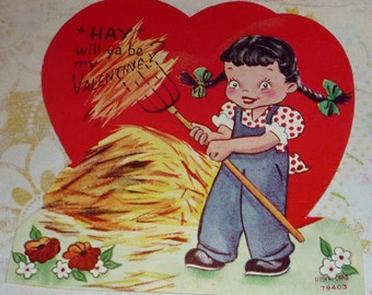 Hay - WIll Ya Be My Valentine Little Girl With Pitchfork Vintage A-meri-card UNUSED