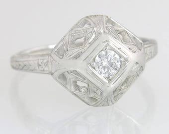 Antique Art Deco 18K White Gold .14ct Genuine Diamond Filigree Engagement Ring