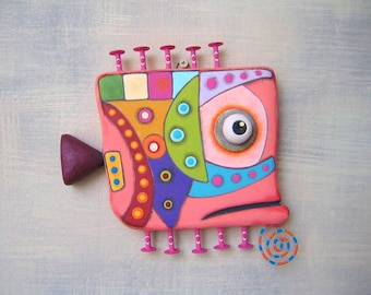 Wild Guppy 3, Fish Wall Art, Original Found Object Wall Sculpture, Wood Carving, Marine Art, by Fig Jam Studio
