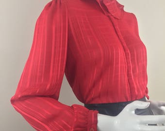 Vintage Hansworth LTD. of California Red Blouse with Ruffled Collar/Red on Red Checkered Print Fabric/Size 12 Large