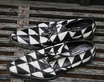 Size 9 Vintage Tullio Italian Made AWESOME funky 1950s Inspired Men's Shoes 43 Italian Show Stopper Checkered Black and White Retro Funky