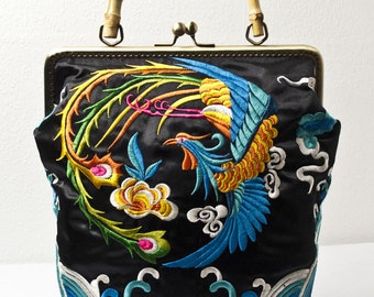 Chinese Stitched Phoenix Bag with Bamboo Handle / Black Blue