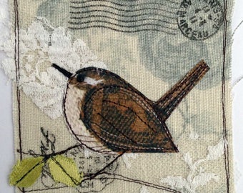 Irish Wren Mixed Media Card Wren Birthday Card Garden Bird Birthday Card Fabric Textile Art Bird Mixed Media British Garden Bird Irish Wran